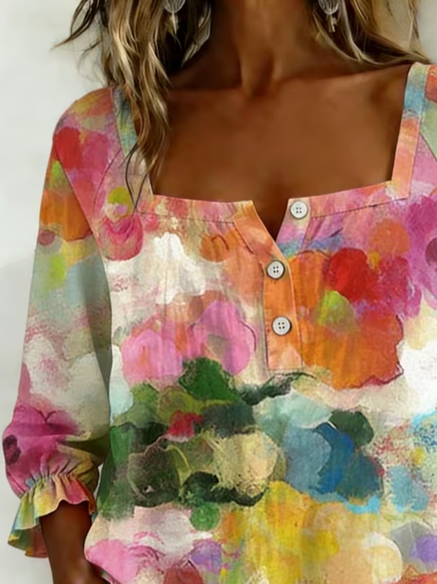 Side view of Women Abstract Vintage Blouses Square Neck Printing Three Quarter Sleeve Spring/Fall Top