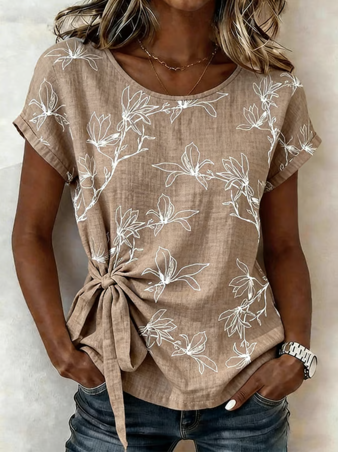 Women Floral Vintage Shirts Crew Neck Short Sleeve Summer Top-image-17109783
