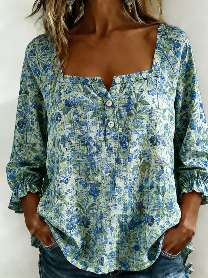 Women Floral Vintage Blouses Square Neck Printing Three Quarter Sleeve Spring/Fall Top-image-17086050