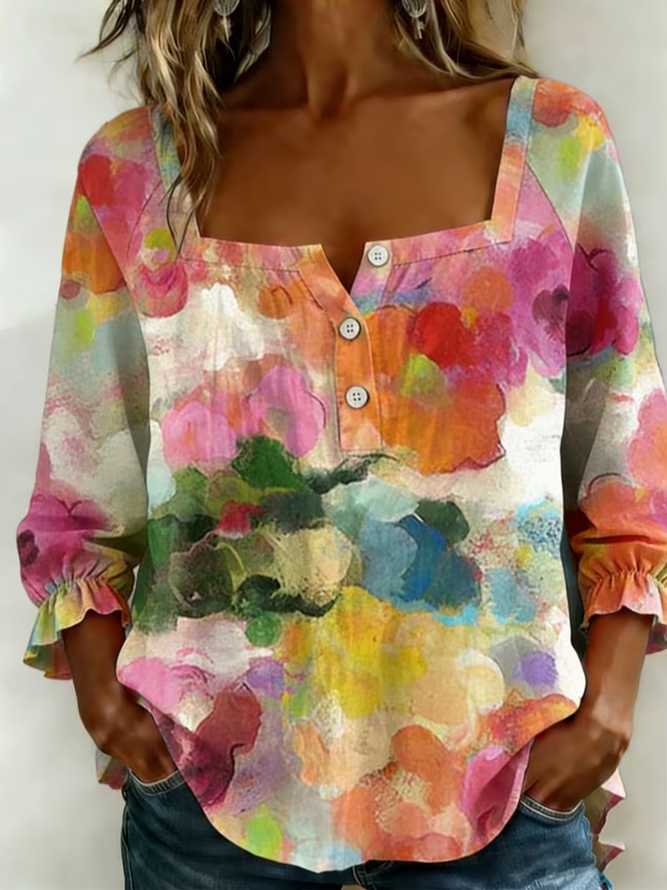 Women Abstract Vintage Blouses Square Neck Printing Three Quarter Sleeve Spring/Fall Top-image-17086062