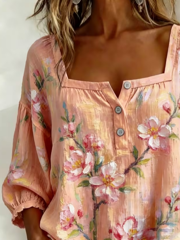 Side view of Women Floral Vintage Blouses Square Neck Printing Three Quarter Sleeve Spring/Fall Top