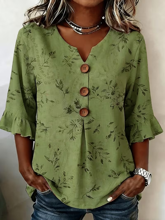 Women Floral Vintage Blouses V Neck Printing Half Sleeve Summer Top-image-17087794