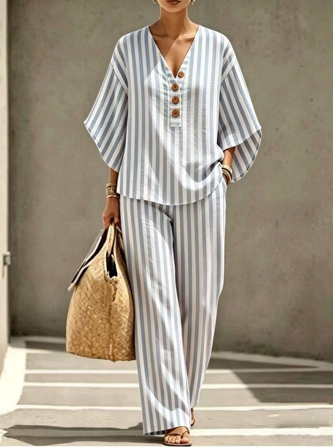 Women Striped Casual Two-Piece Sets Square Neck Daily Summer Top With Pants-image-17098258