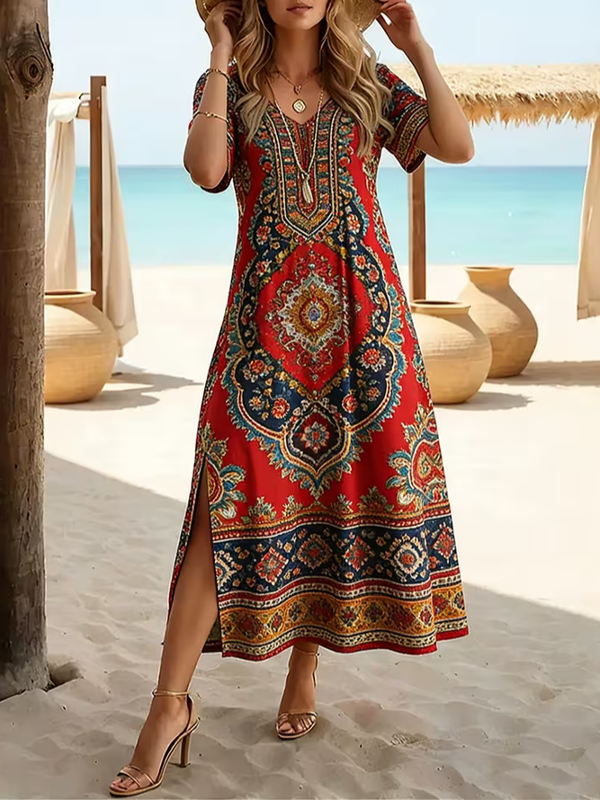 Women Ethnic H-Line Maxi Crew Neck T-Shirt Dress Casual Summer Daily Dress-image-17087952