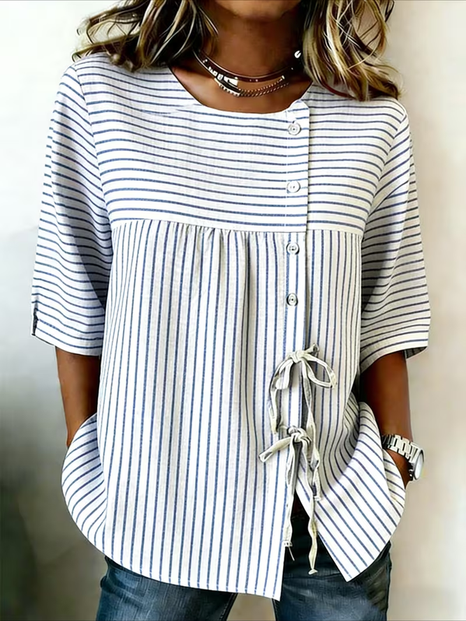 Women Striped Vintage Shirts Crew Neck Half Sleeve Summer Top-image-17087938