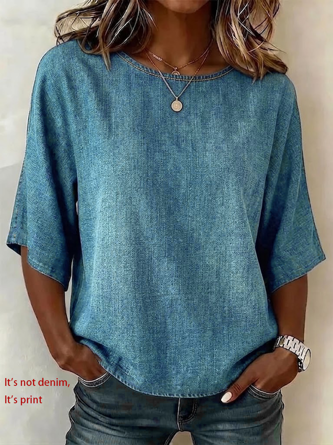 Women Plain Vintage Blouses Crew Neck Printing Half Sleeve Summer Top-image-17087746