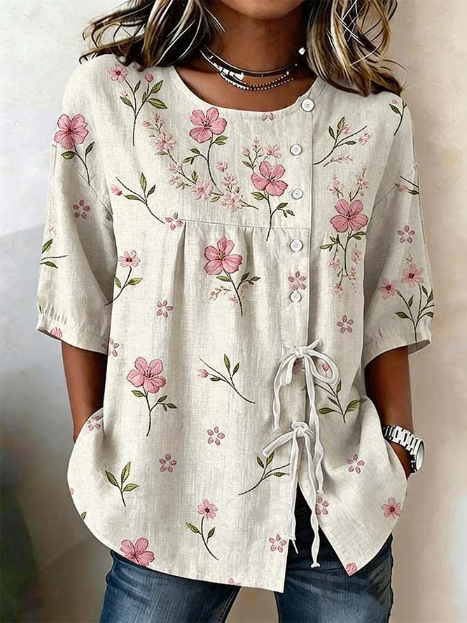 Women Floral Vintage Shirts Crew Neck Half Sleeve Summer Top-image-17090287