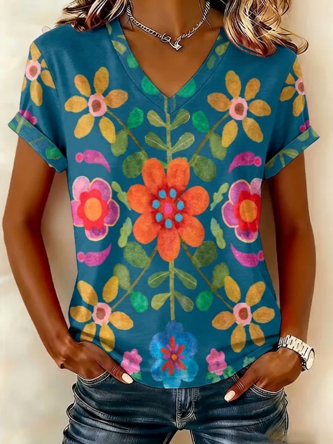 Women Floral Vintage Short Sleeve Tee T-shirt V Neck Summer Printing Top-image-17087866