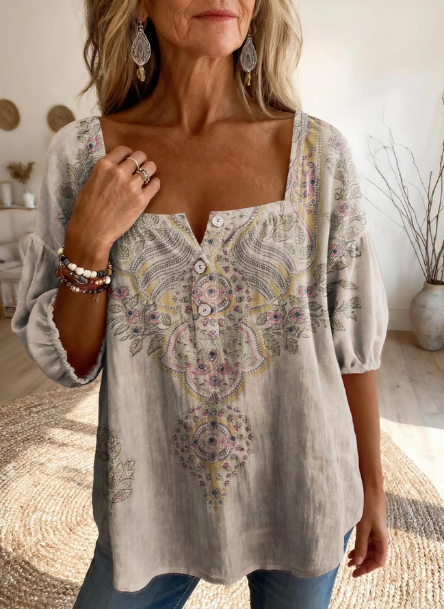 Women Floral Vintage Blouses Square Neck Printing Three Quarter Sleeve Spring/Fall Top-image-17087758