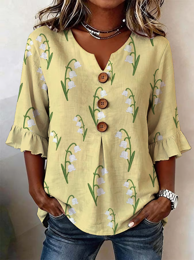 Women Floral Vintage Blouses V Neck Printing Half Sleeve Summer Top-image-17087770