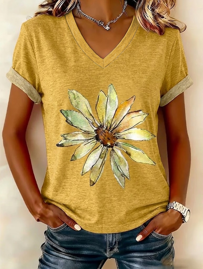 Women Floral Vintage Short Sleeve Tee T-shirt V Neck Summer Printing Top-image-17087854