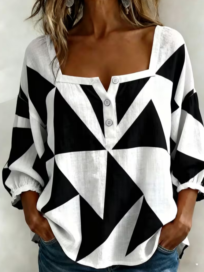 Women Abstract Vintage Blouses Square Neck Printing Three Quarter Sleeve Spring/Fall Top-image-17090239