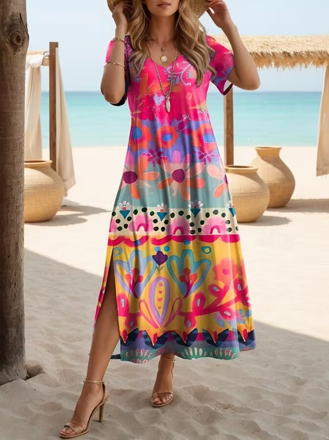 Women Floral X-Line Maxi V Neck Casual Summer Daily Dress-image-17090069