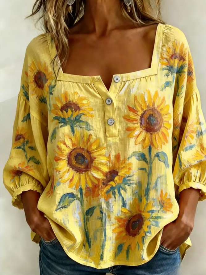 Women Floral Vintage Blouses Square Neck Printing Three Quarter Sleeve Spring/Fall Top-image-17090263