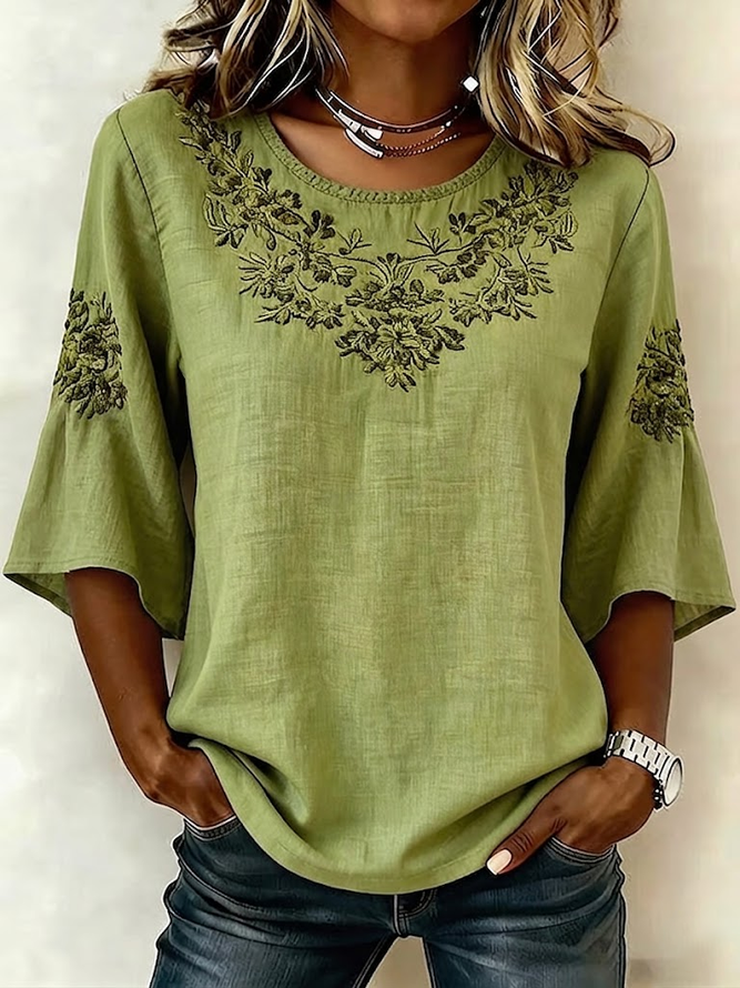 Women Floral Vintage Blouses Crew Neck Printing Half Sleeve Summer Top-image-17090215