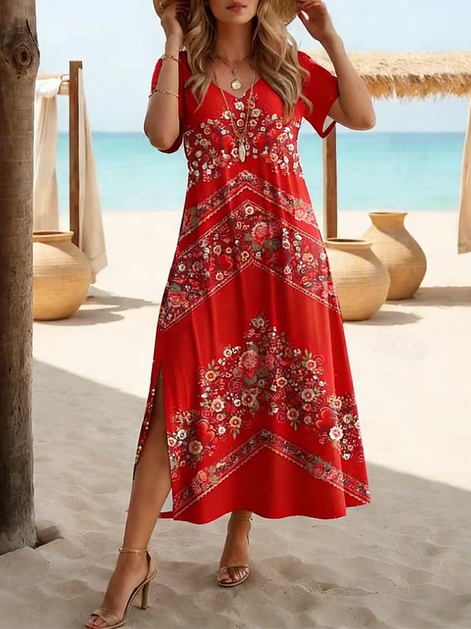 Women Floral X-Line Maxi V Neck Casual Summer Daily Dress-image-17090081