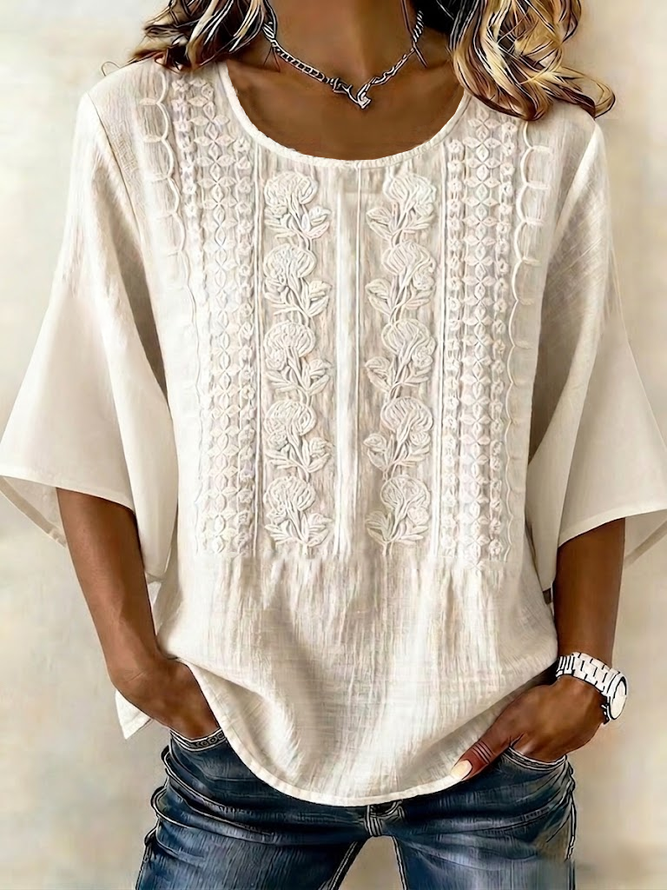 Women Floral Vintage Blouses Crew Neck Printing Half Sleeve Summer Top-image-17090203
