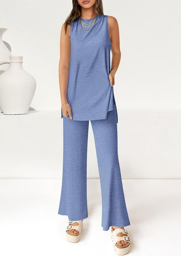 Women Plain Casual Two-Piece Sets Crew Neck Daily Summer Top With Pants-image-17090612