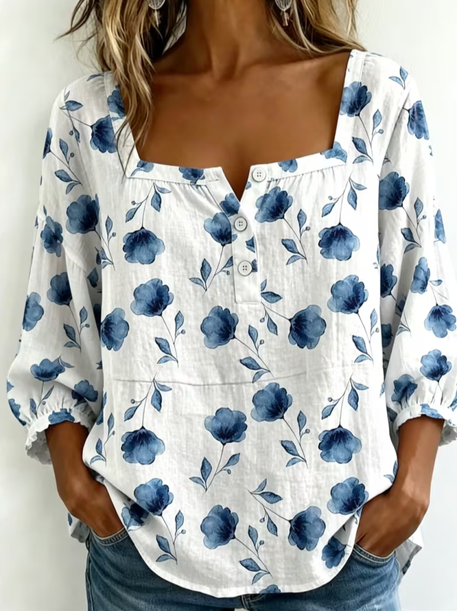 Women Floral Vintage Blouses Square Neck Printing Three Quarter Sleeve Spring/Fall Top-image-17090275
