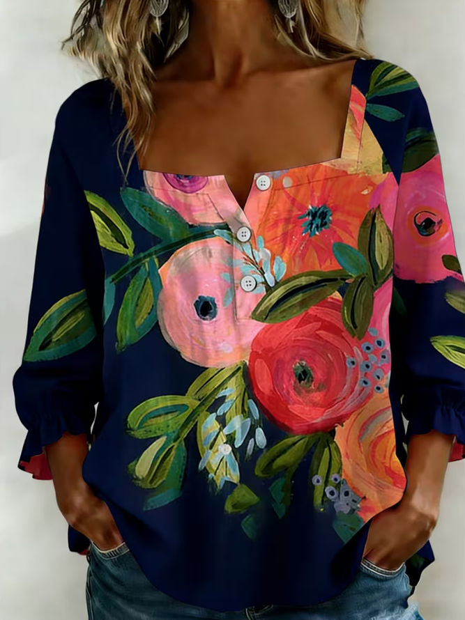 Women Floral Vintage Blouses Square Neck Printing Three Quarter Sleeve Spring/Fall Top-image-17090251