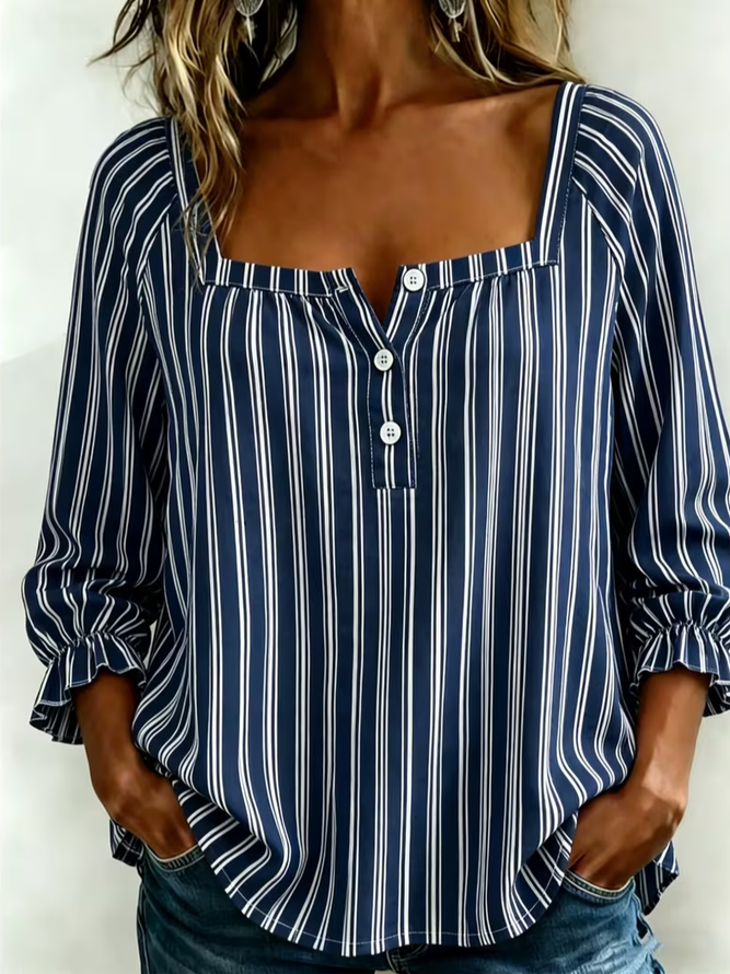 Women Striped Vintage Blouses Square Neck Printing Three Quarter Sleeve Spring/Fall Top-image-17090227