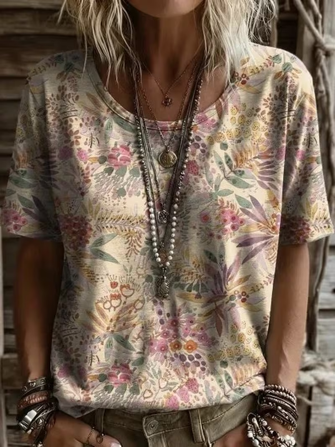 Women Floral Casual Short Sleeve Tee T-shirt Crew Neck Summer Printing Graphic Tee Top-image-17090177