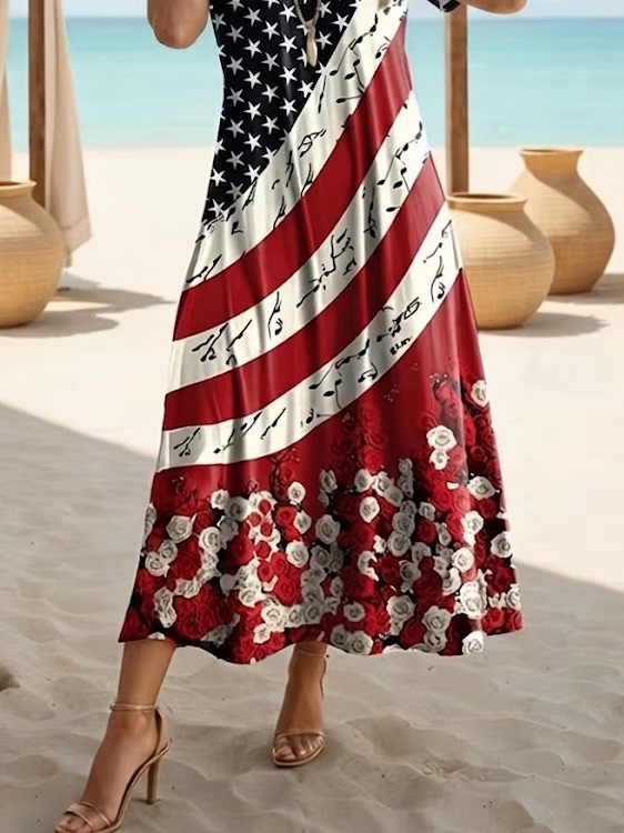 Side view of Women Independence Day (Flag) X-Line Maxi V Neck Casual Summer Daily Dress
