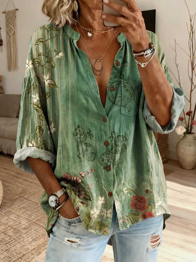 Women Floral Casual Shirts Stand Collar Button Up Shirt Long Sleeve Spring/Fall Top-image-17090868