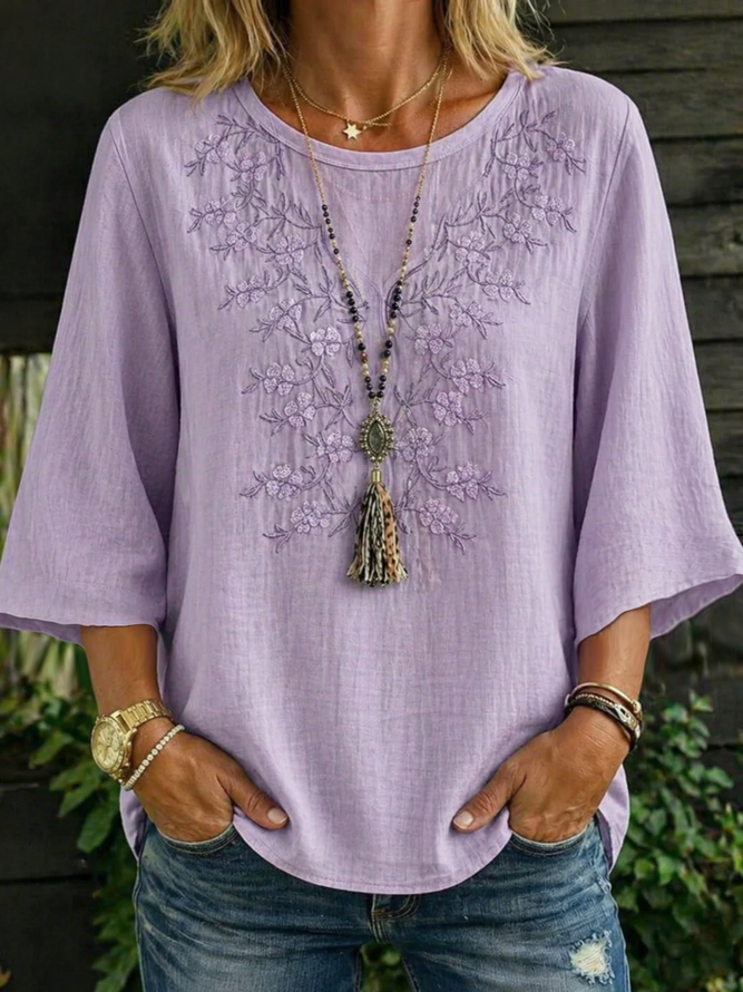 Women Floral Vintage Blouses Crew Neck Printing Half Sleeve Summer Top-image-17090940