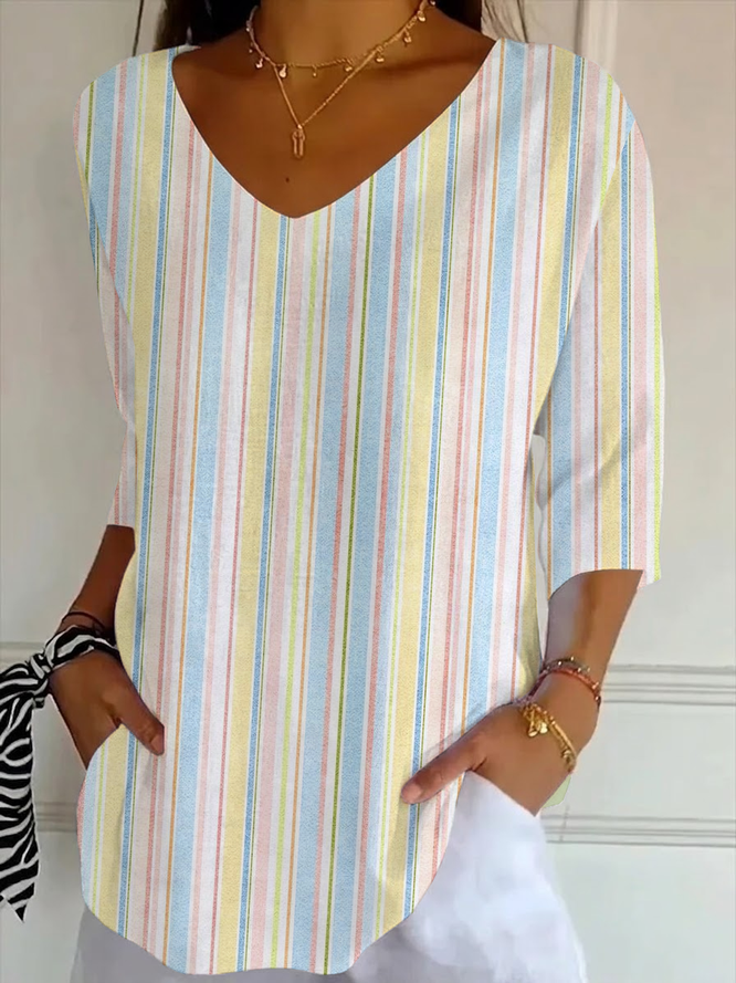 Women Striped Casual Three Quarter Sleeve Tee T-shirt V Neck Spring/Fall Printing Graphic Tee Top-image-17091012