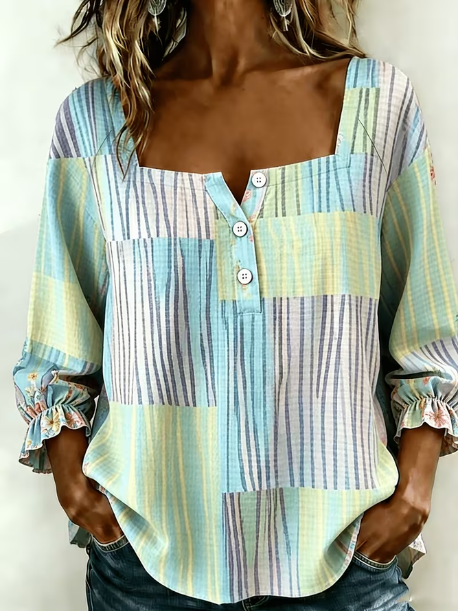 Women Striped Vintage Blouses Square Neck Printing Three Quarter Sleeve Spring/Fall Top-image-17090952