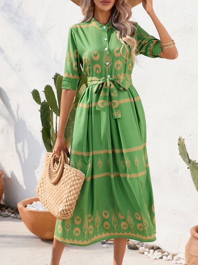 Women Geometric A-Line Maxi Crew Neck Shirt Dress Vintage Summer Daily Dress-image-17090564