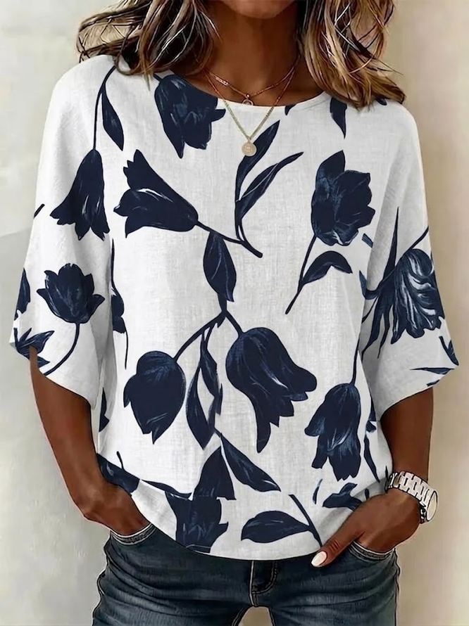 Women Floral Vintage Blouses Crew Neck Printing Half Sleeve Summer Top-image-17090928