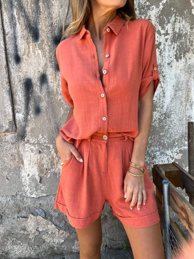 Women Plain Casual Two-Piece Sets Shawl Collar Daily Summer Top With Pants-image-17090588