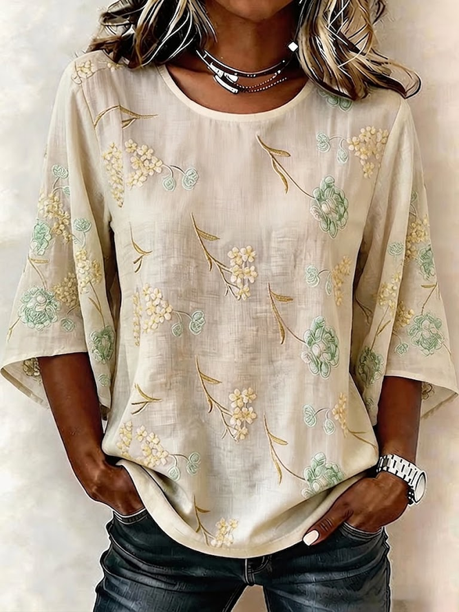 Women Floral Vintage Blouses Crew Neck Printing Half Sleeve Summer Top-image-17092098