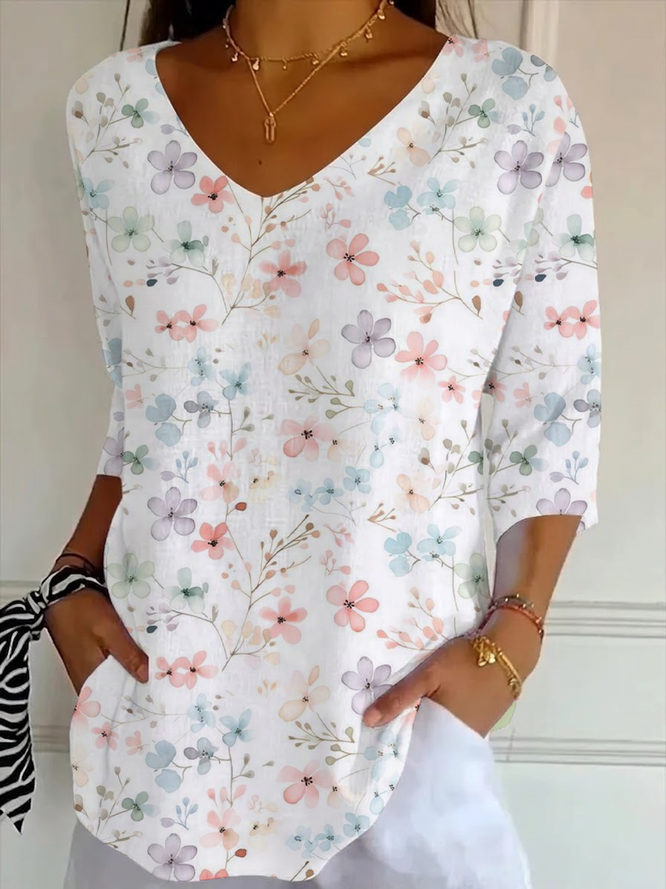 Women Floral Casual Three Quarter Sleeve Tee T-shirt V Neck Spring/Fall Printing Graphic Tee Top-image-17092203