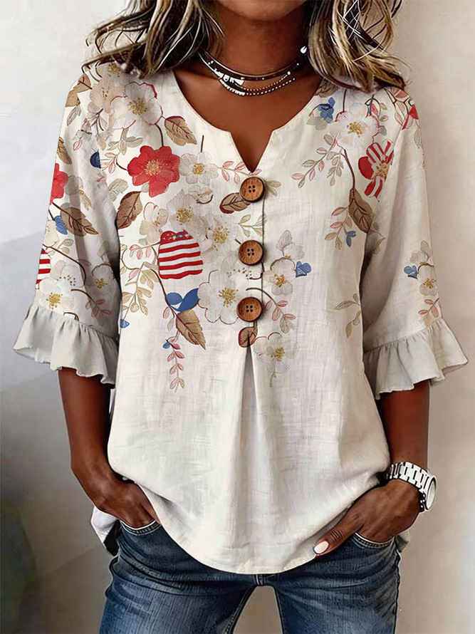 Women Floral Vintage Blouses V Neck Printing Half Sleeve Summer Top-image-17092134