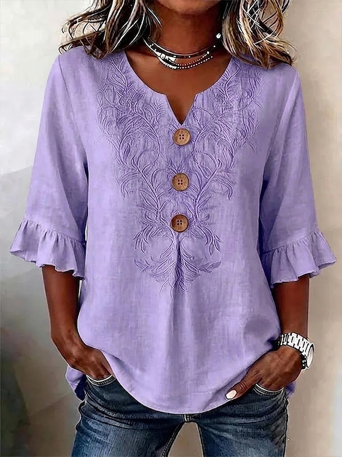 Women Floral Vintage Blouses V Neck Printing Half Sleeve Summer Top-image-17092122