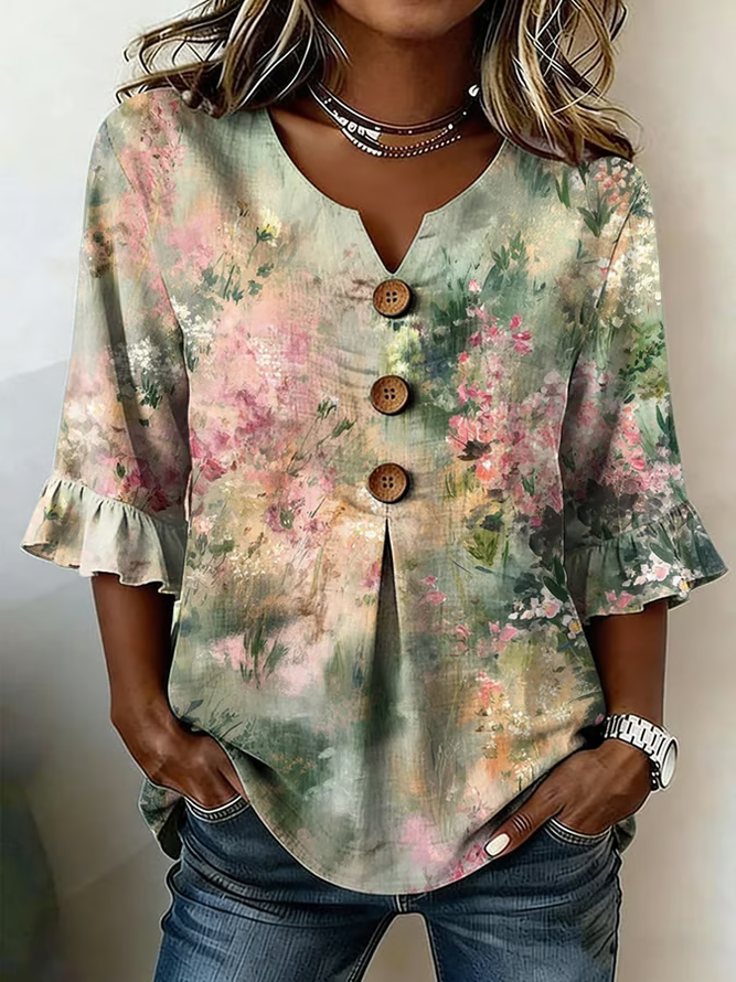 Women Floral Vintage Blouses V Neck Printing Half Sleeve Summer Top-image-17092146