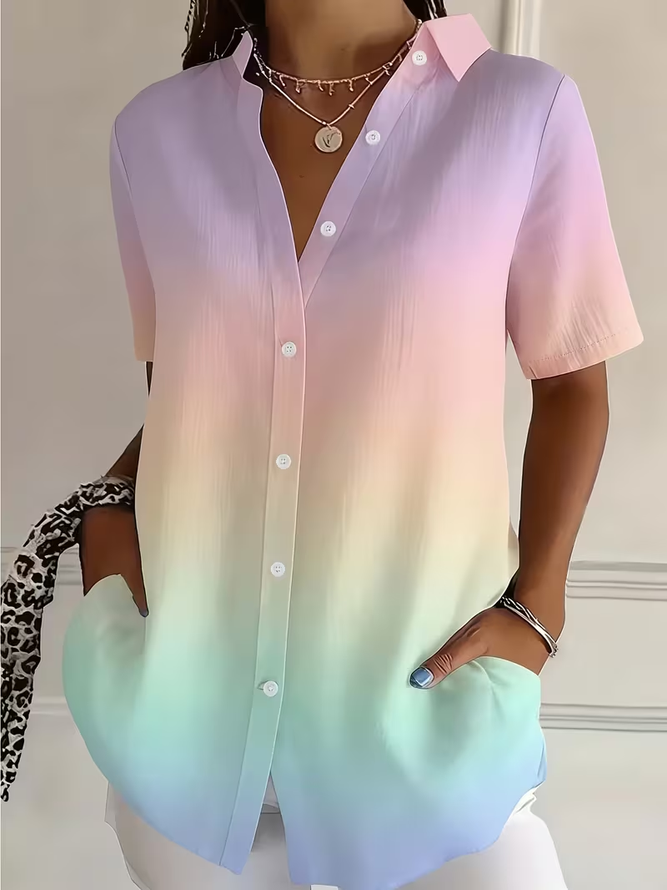 Women Ombre Casual Shirts Shirt Collar Printing Button Up Shirt Short Sleeve Summer Top-image-17092287