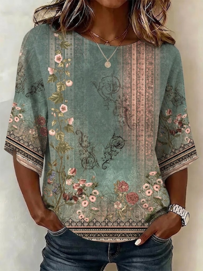 Women Floral Vintage Blouses Crew Neck Printing Half Sleeve Summer Top-image-17092074