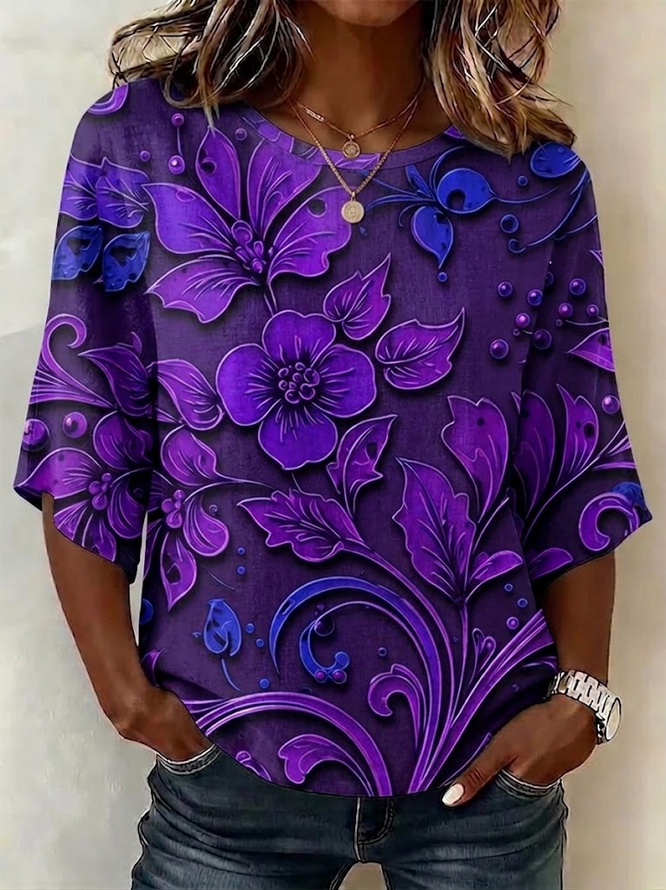 Women Floral Vintage Blouses Crew Neck Printing Half Sleeve Summer Top-image-17092110