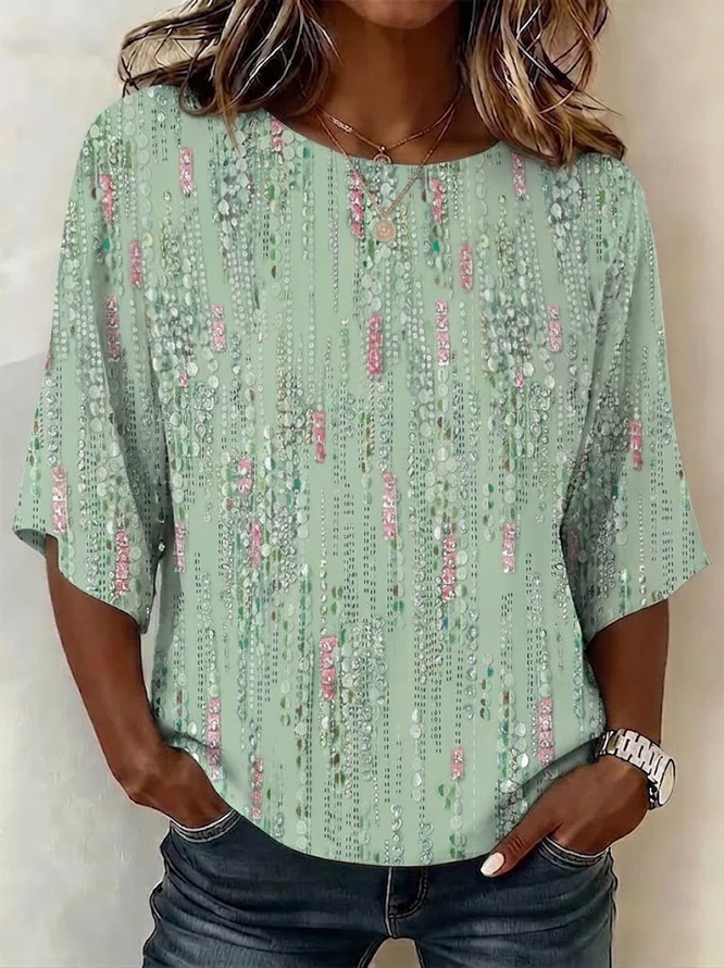 Women Abstract Vintage Blouses Crew Neck Printing Half Sleeve Summer Top-image-17092086
