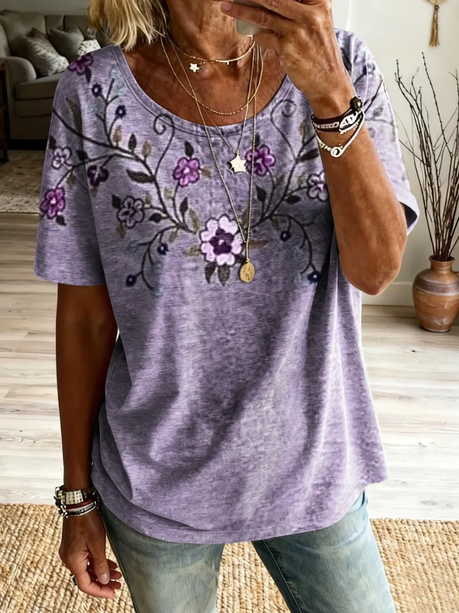 Women Floral Casual Short Sleeve Tee T-shirt Crew Neck Summer Printing Graphic Tee Top-image-17092239