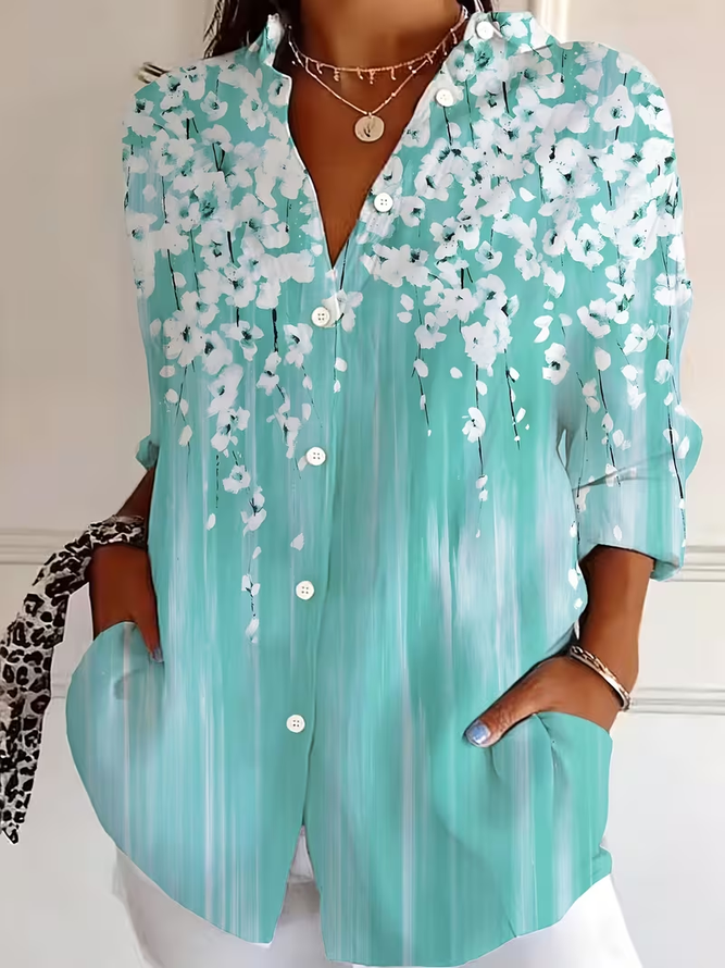 Women Floral Casual Shirts Shirt Collar Buckle Button Up Shirt Long Sleeve Spring/Fall Top-image-17093411