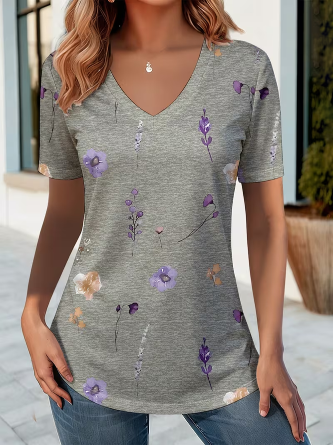 Women Floral Vintage Short Sleeve Tee T-shirt V Neck Summer Printing Top-image-17093471
