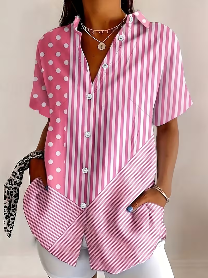 Women Striped Casual Shirts Shirt Collar Printing Button Up Shirt Short Sleeve Summer Top-image-17093399