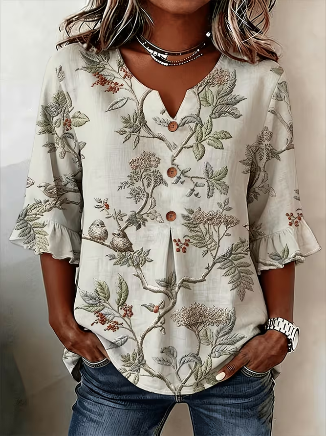 Women Floral Vintage Blouses V Neck Printing Half Sleeve Summer Top-image-17093351