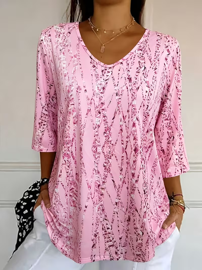 Women Abstract Casual Three Quarter Sleeve Tee T-shirt V Neck Spring/Fall Printing Graphic Tee Top-image-17093459
