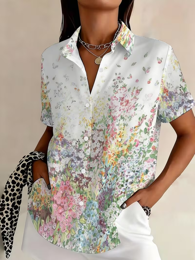 Women Floral Casual Shirts Shirt Collar Printing Button Up Shirt Short Sleeve Summer Top-image-17093375